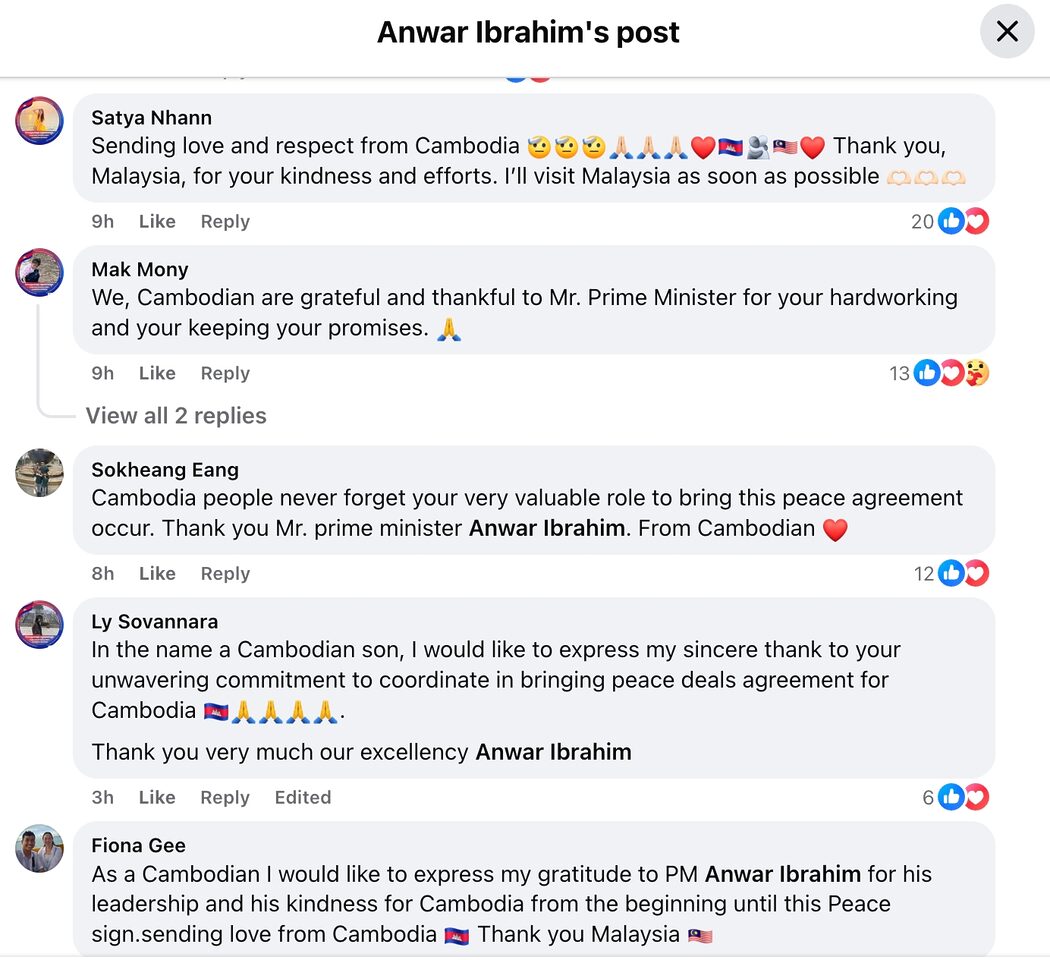Susulan Usaha Diplomasi Damai, PMX 'Dibanijiri' Penghargaan Rakyat Kemboja Di Facebook